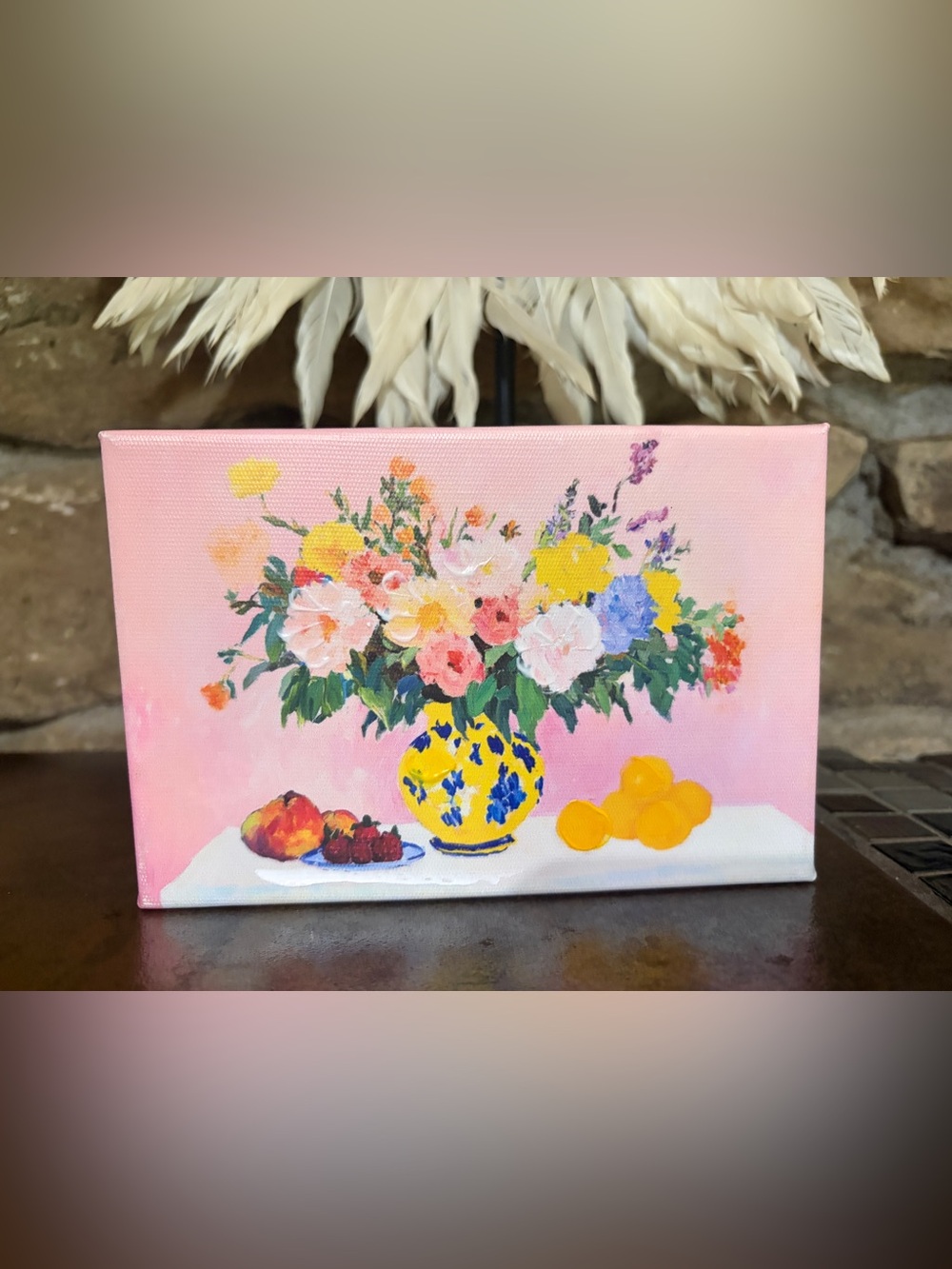 Raz Imports Floral Still Life Canvas Art - Yellow Blue Vase on Pink 6” x 4” - Picture 3 of 6